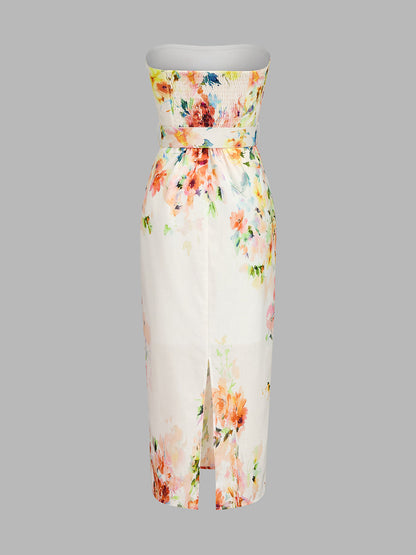 Strapless Belted Floral Print Midi Dress