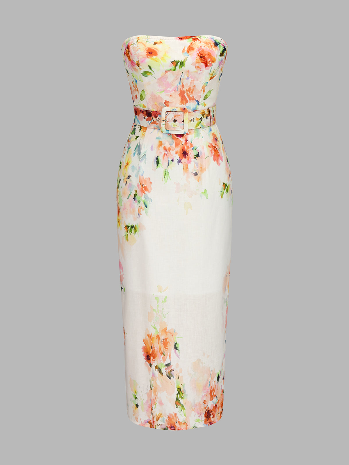 Strapless Belted Floral Print Midi Dress
