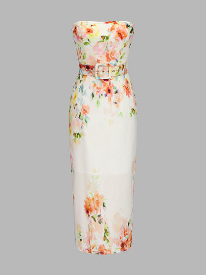 Strapless Belted Floral Print Midi Dress