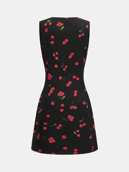 Cherry Print Sleeveless V-Neck Mini Dress