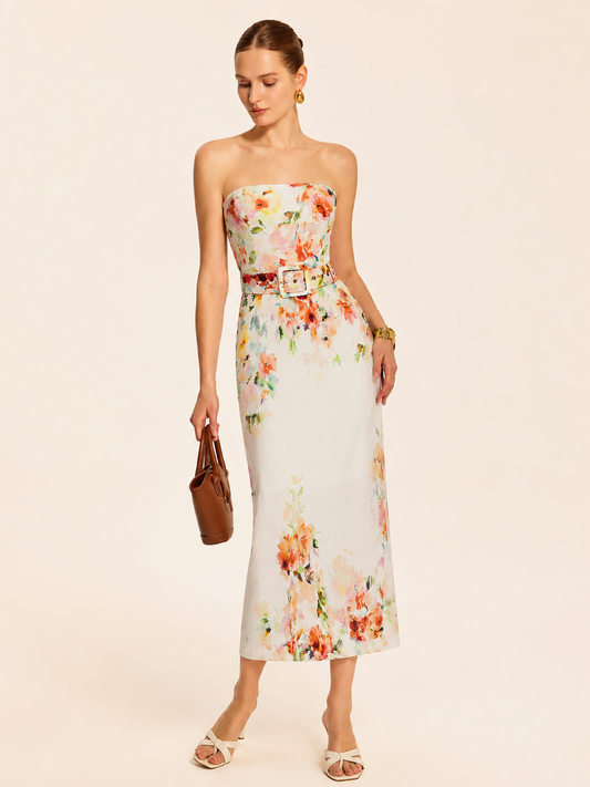 Strapless Belted Floral Print Midi Dress