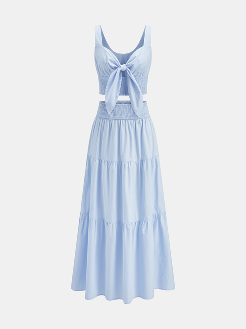 Cotton Smocked Tie-Front Top & Tiered Skirt Set