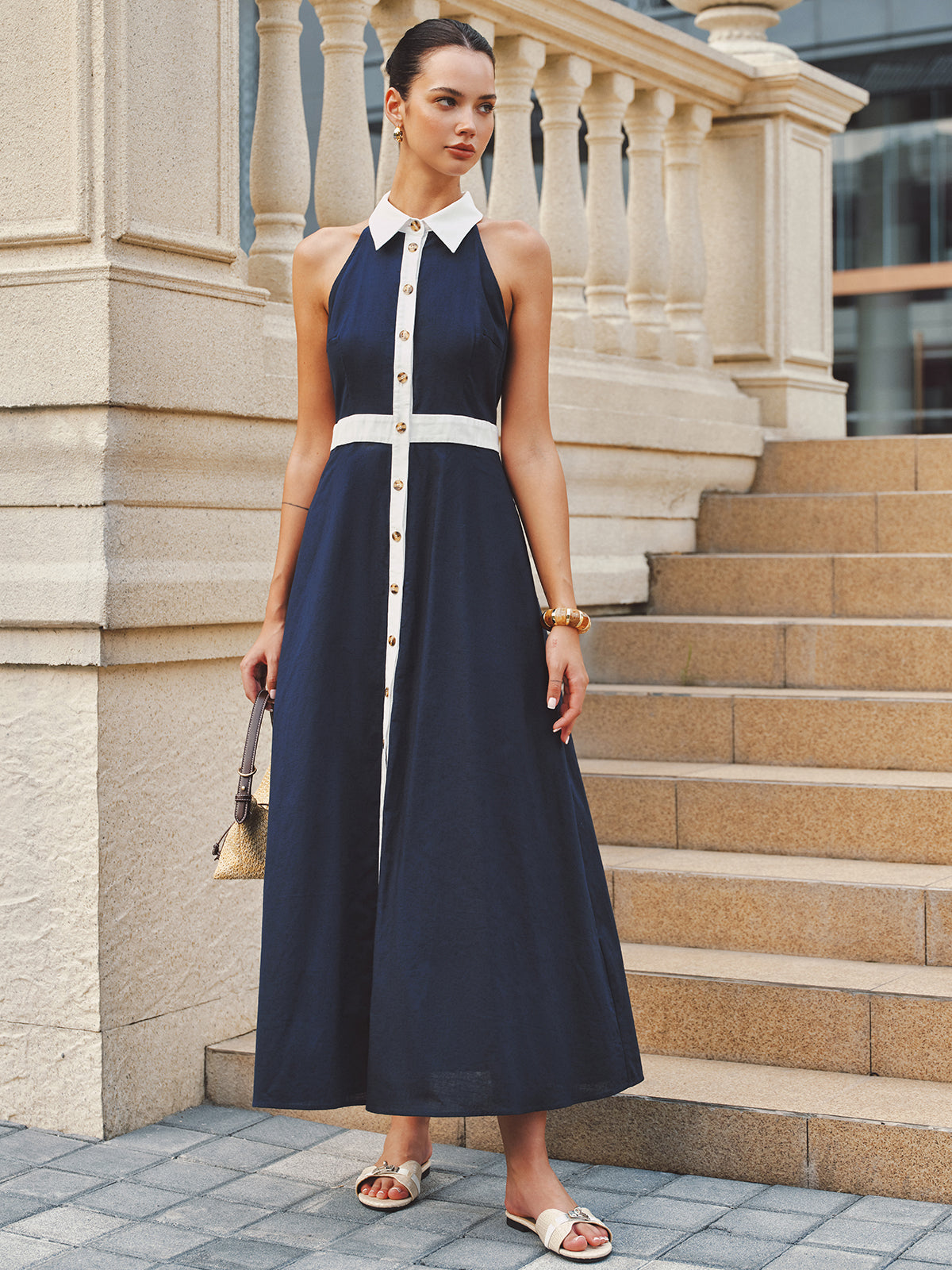 Collared Cotton Linen Contrast Trim Maxi Dress