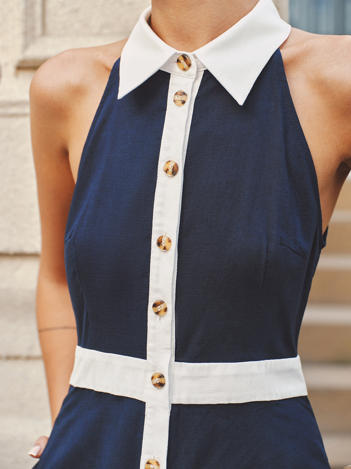 Collared Cotton Linen Contrast Trim Maxi Dress