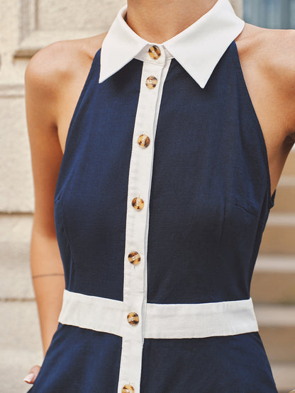 Collared Cotton Linen Contrast Trim Maxi Dress