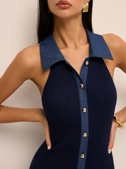 Ribbed Knit Button-Front Midi Dress