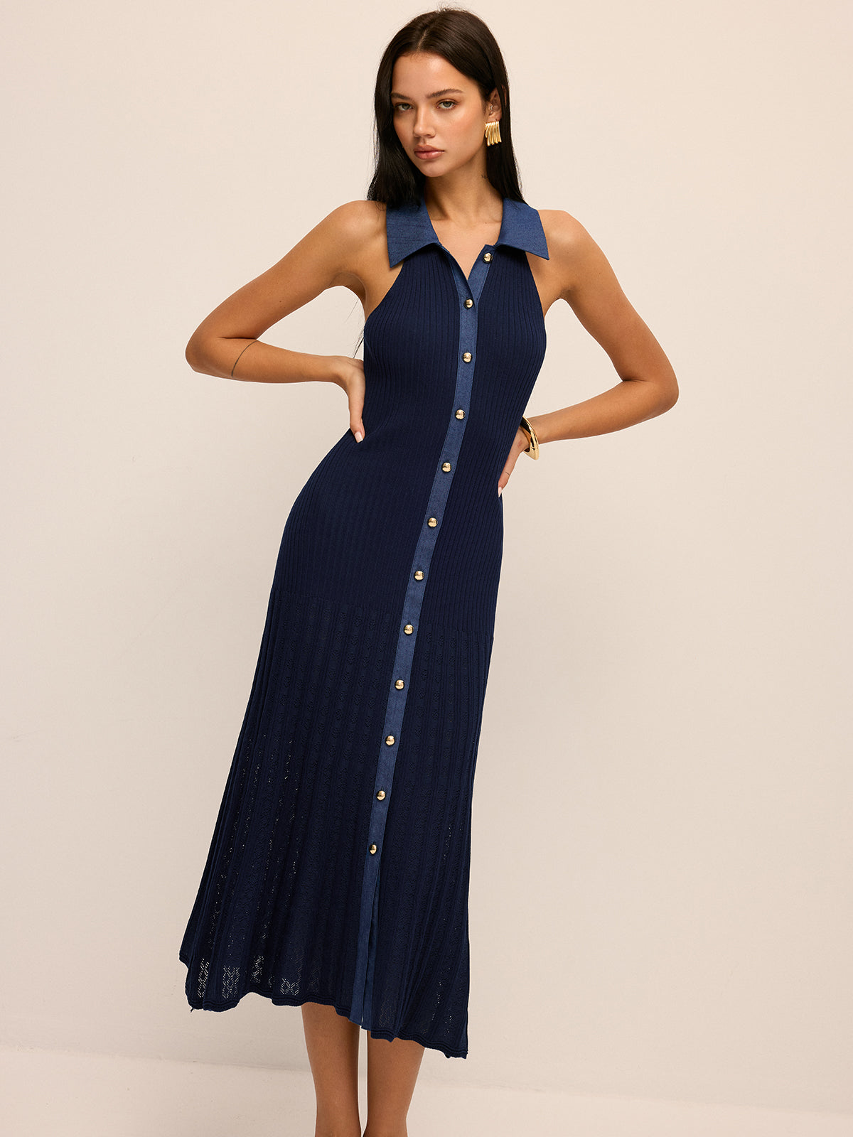 Ribbed Knit Button-Front Midi Dress