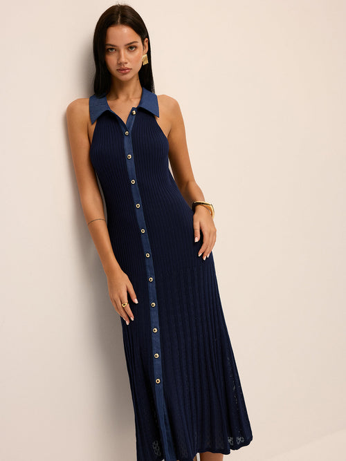 Ribbed Knit Button-Front Midi Dress