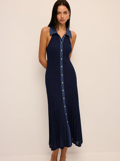 Ribbed Knit Button-Front Midi Dress