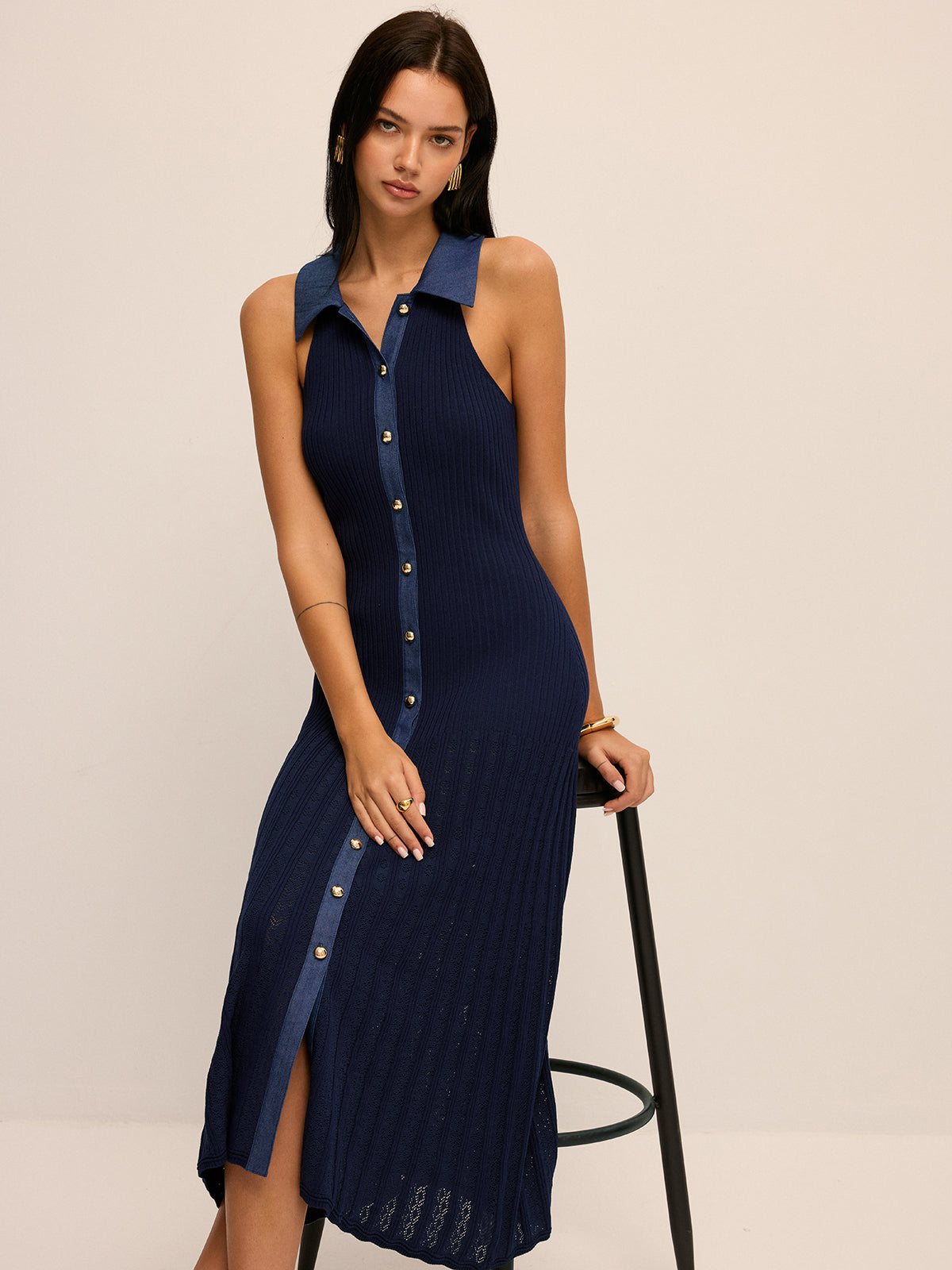 Ribbed Knit Button-Front Midi Dress