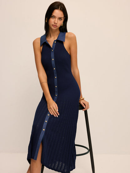 Ribbed Knit Button-Front Midi Dress