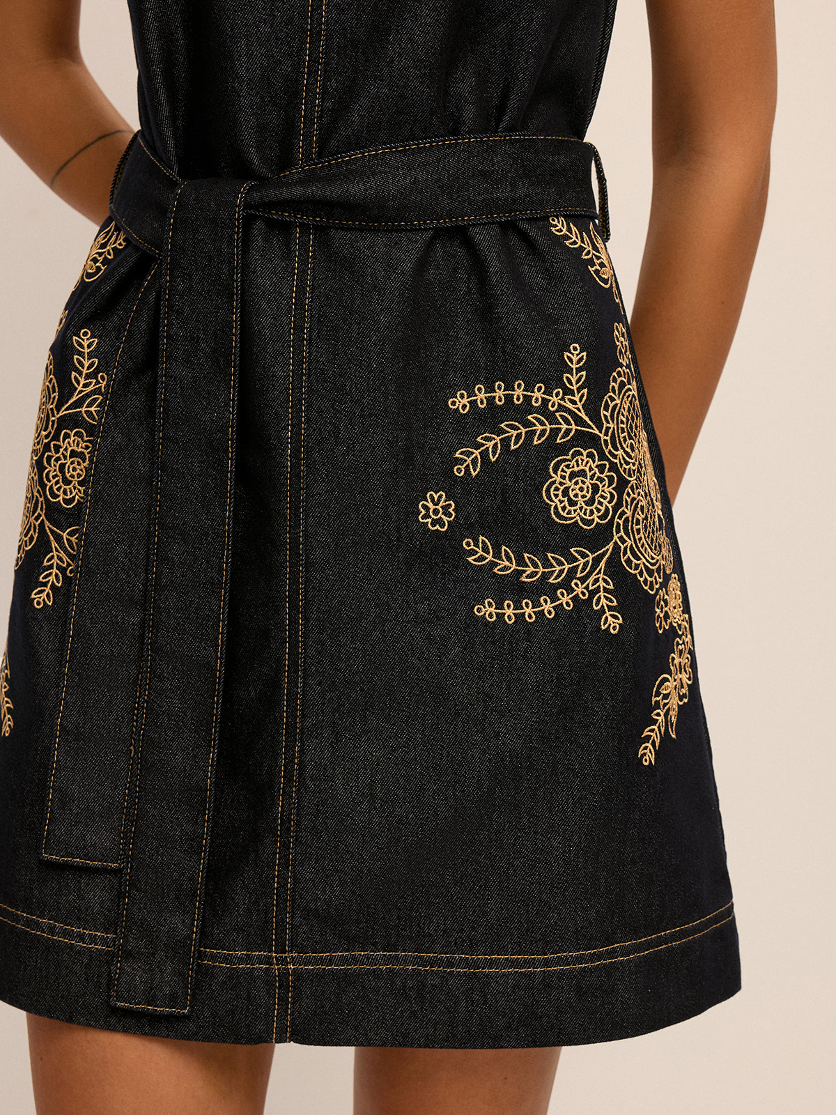 Embroidered Denim Belted Shift Dress
