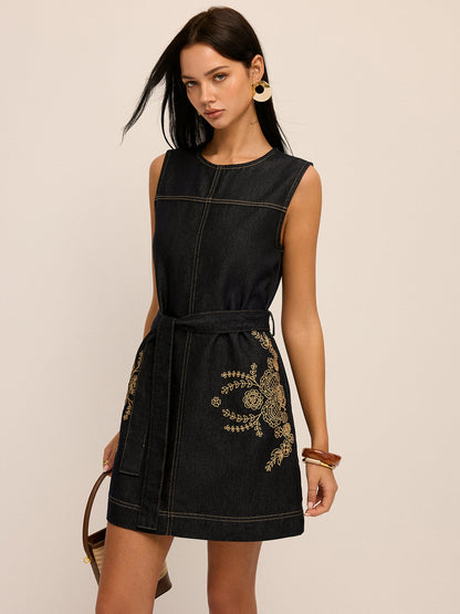 Embroidered Denim Belted Shift Dress