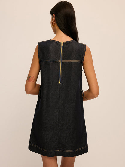 Embroidered Denim Belted Shift Dress