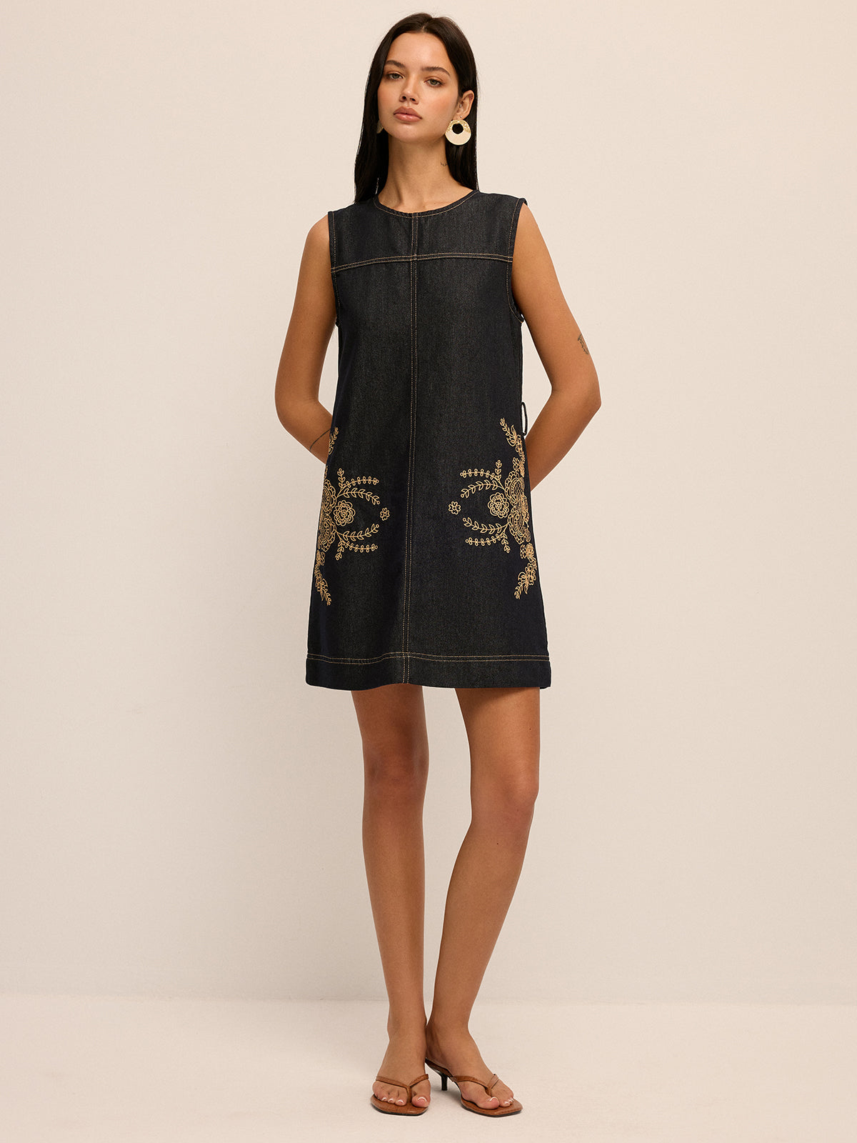 Embroidered Denim Belted Shift Dress