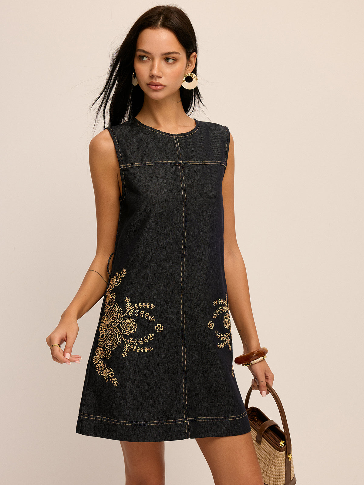 Embroidered Denim Belted Shift Dress