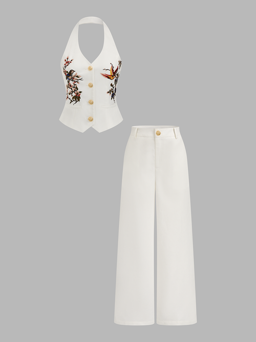 Embroidered Linen Blend Halter Top & Pants Set
