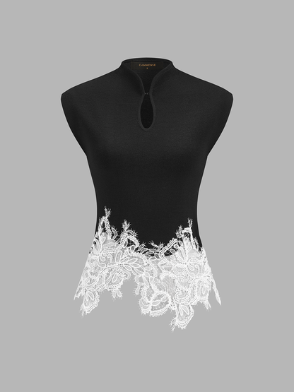Keyhole Neck Lace Hem Tank Top