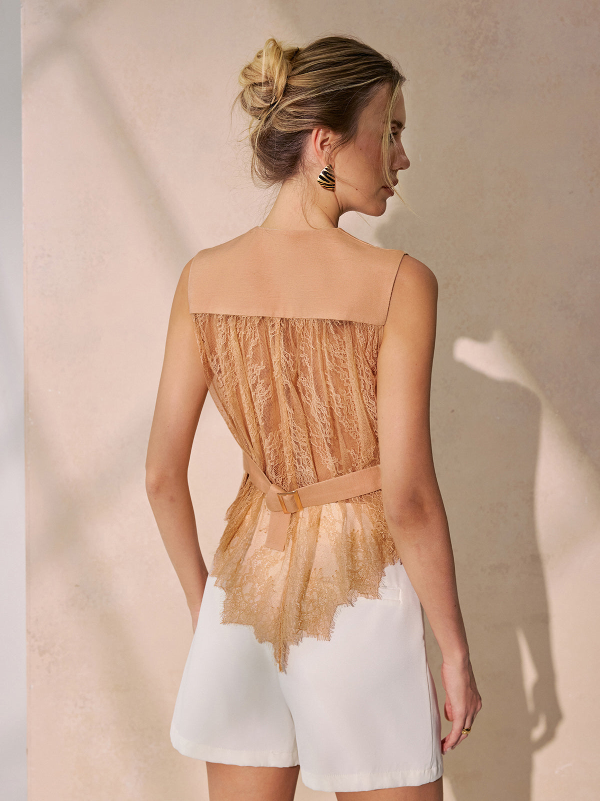 Lace Back Tie-Waist Linen Blend Vest