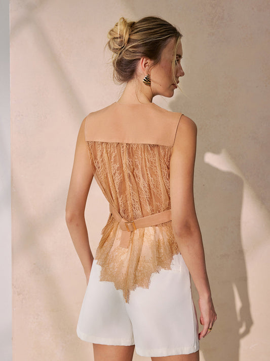 Lace Back Tie-Waist Linen Blend Vest