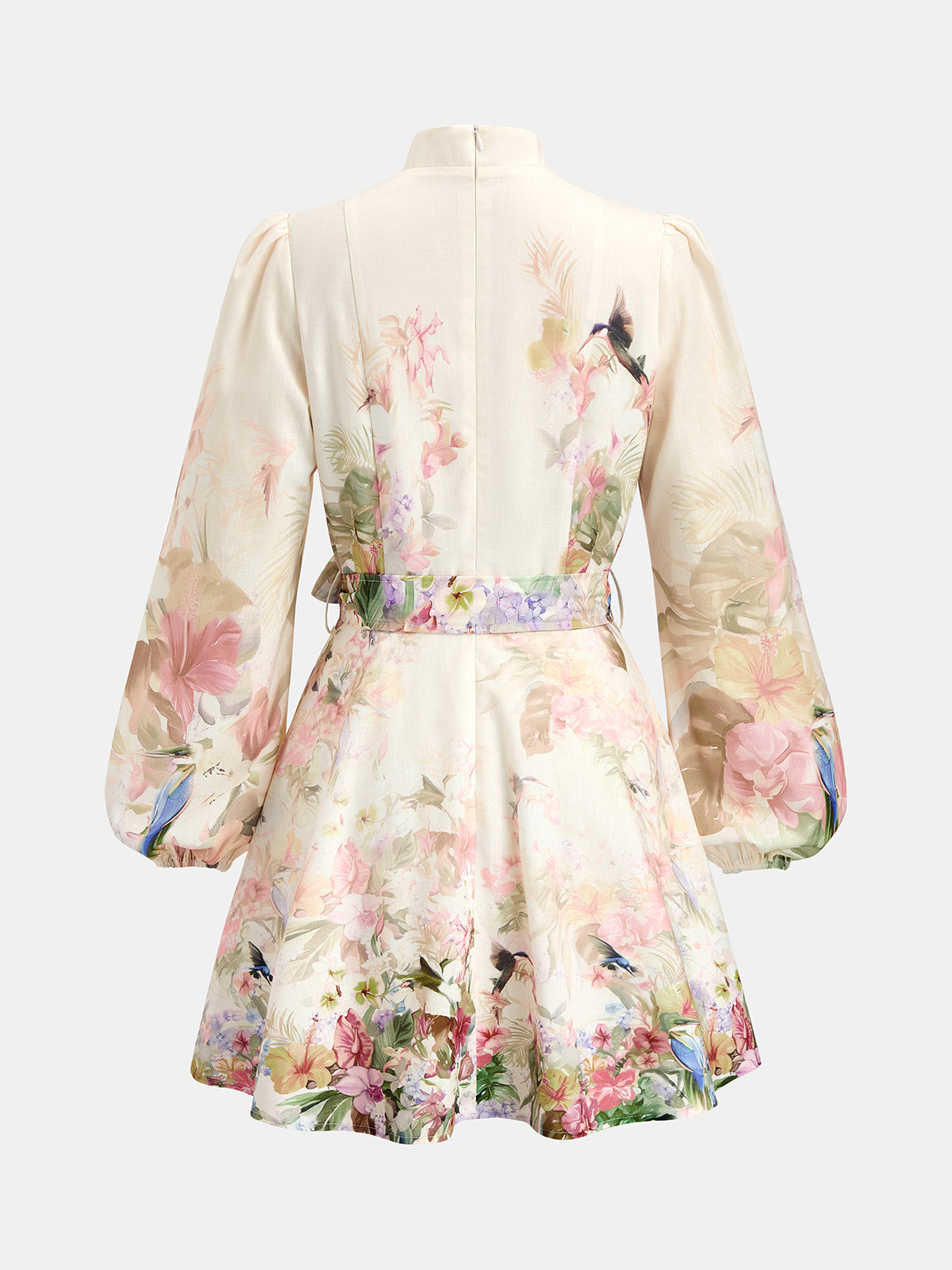 Floral Bird Print Lantern Sleeve Mini Dress
