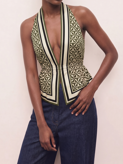 Geometric Print Cinched Waist Satin Top