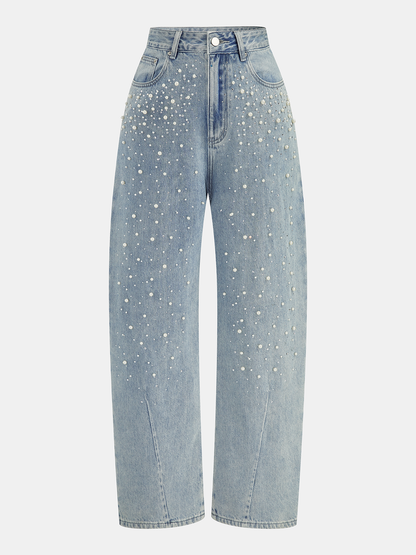 Pearl Rhinestone Embellished Curved Leg Jeans