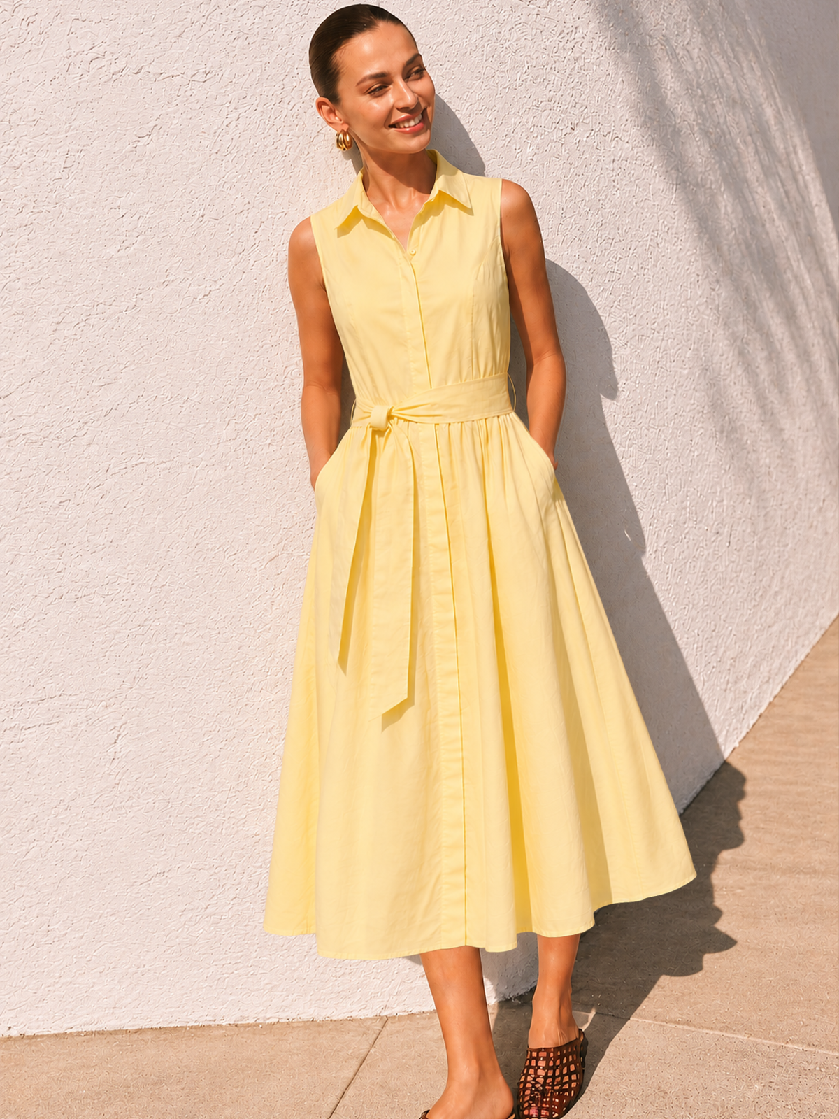 Sleeveless Belted Pocketed Midi Shirt Dress