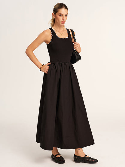 Scalloped Trim Knit-Bodice Maxi Dress