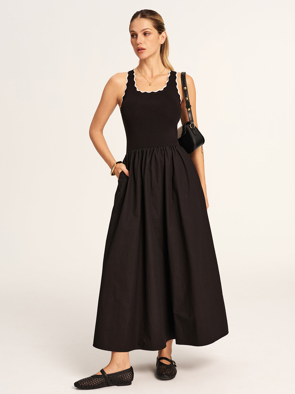 Scalloped Trim Knit-Bodice Maxi Dress