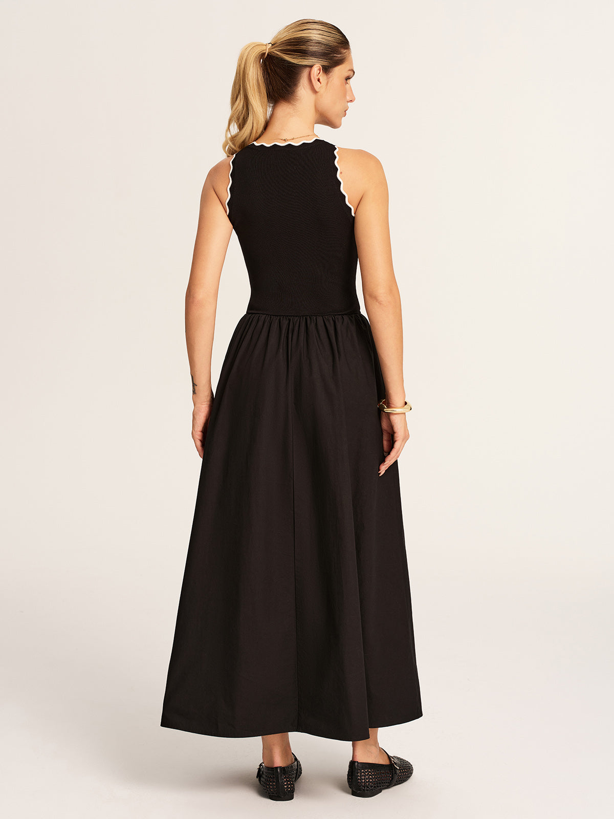 Scalloped Trim Knit-Bodice Maxi Dress
