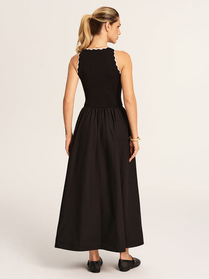 Scalloped Trim Knit-Bodice Maxi Dress
