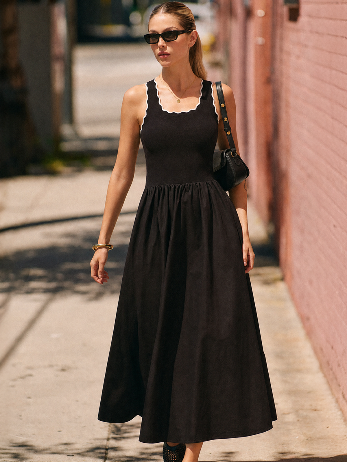 Scalloped Trim Knit-Bodice Maxi Dress