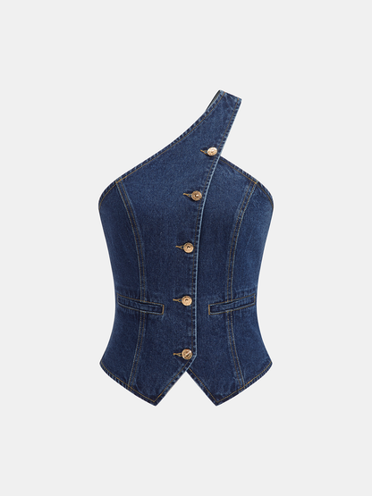 One Shoulder Buttoned Denim Vest