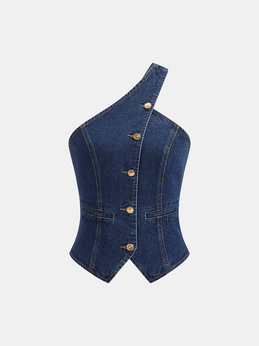 One Shoulder Buttoned Denim Vest