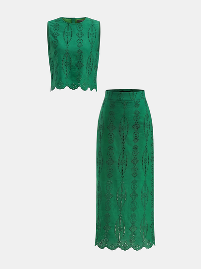 Cotton Eyelet Embroidery Top & Midi Skirt Set