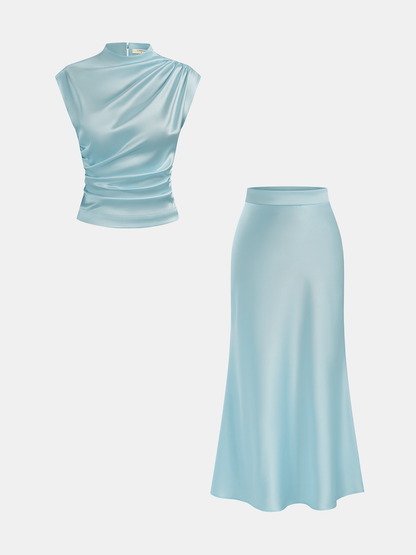 Satin Ruched Top & Midi Skirt Set