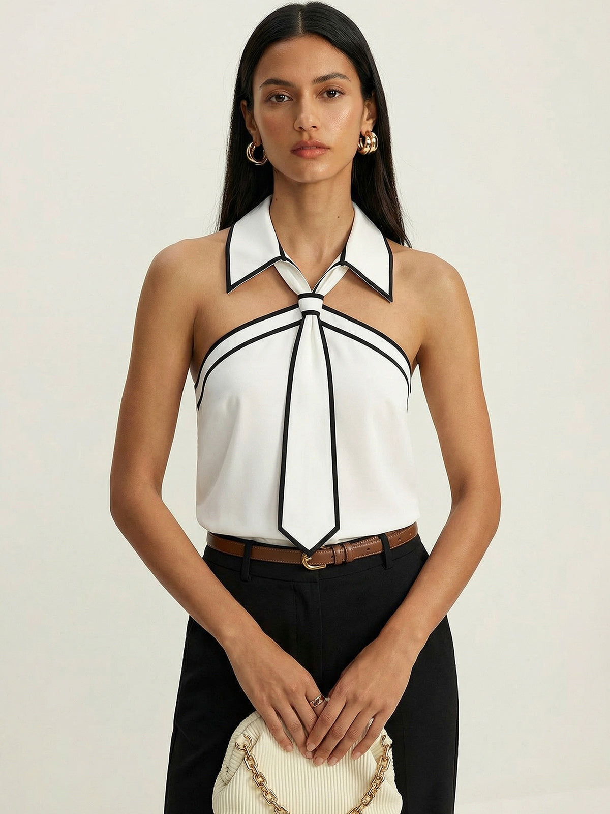 Tie Detail Contrast Piping Sleeveless Blouse