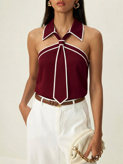 Tie Detail Contrast Piping Sleeveless Blouse