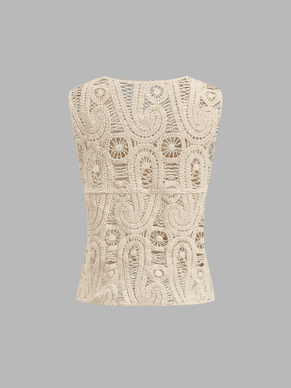 Crochet Sleeveless V-Neck Button Front Vest