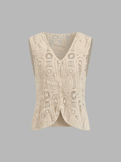 Crochet Sleeveless V-Neck Button Front Vest