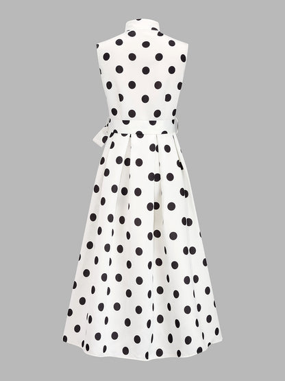Sleeveless Polka Dot Belted Midi Dress