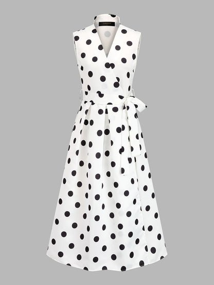 Sleeveless Polka Dot Belted Midi Dress