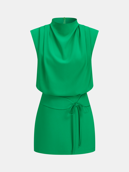 Draped Mock Neck Blouse & Tie-Waist Mini Skirt Set