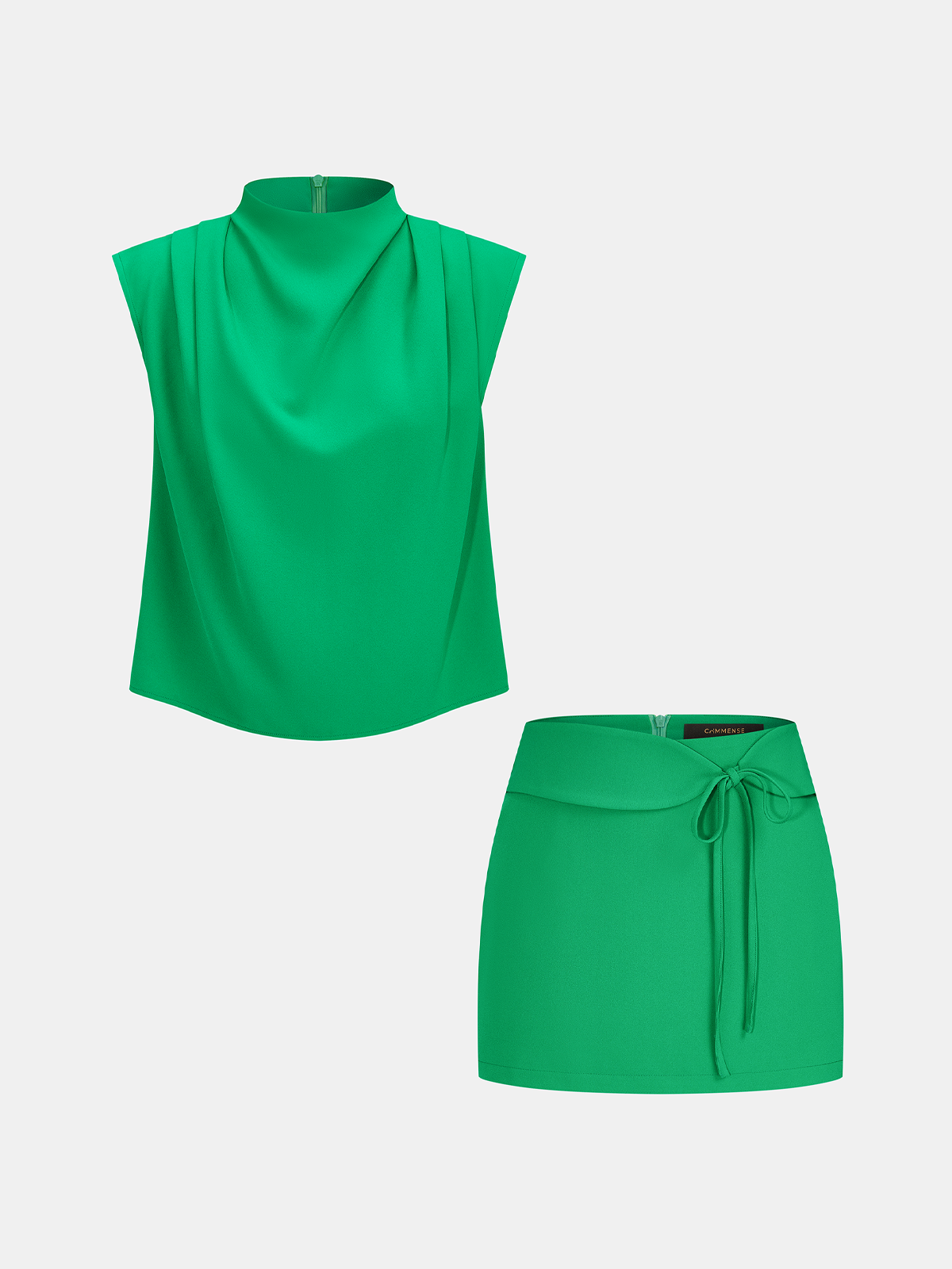 Draped Mock Neck Blouse & Tie-Waist Mini Skirt Set