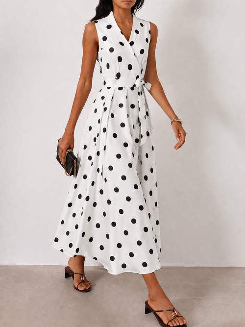 Sleeveless Polka Dot Belted Midi Dress