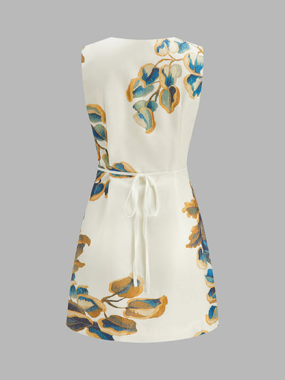Eyelet Trim Leaf Print Sleeveless Mini Dress