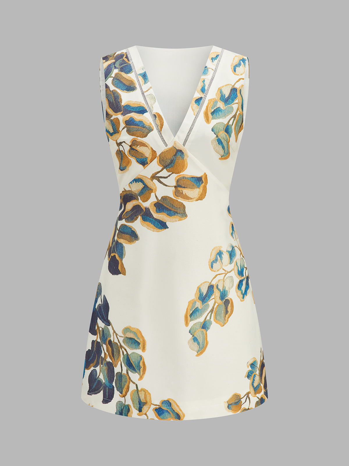 Eyelet Trim Leaf Print Sleeveless Mini Dress