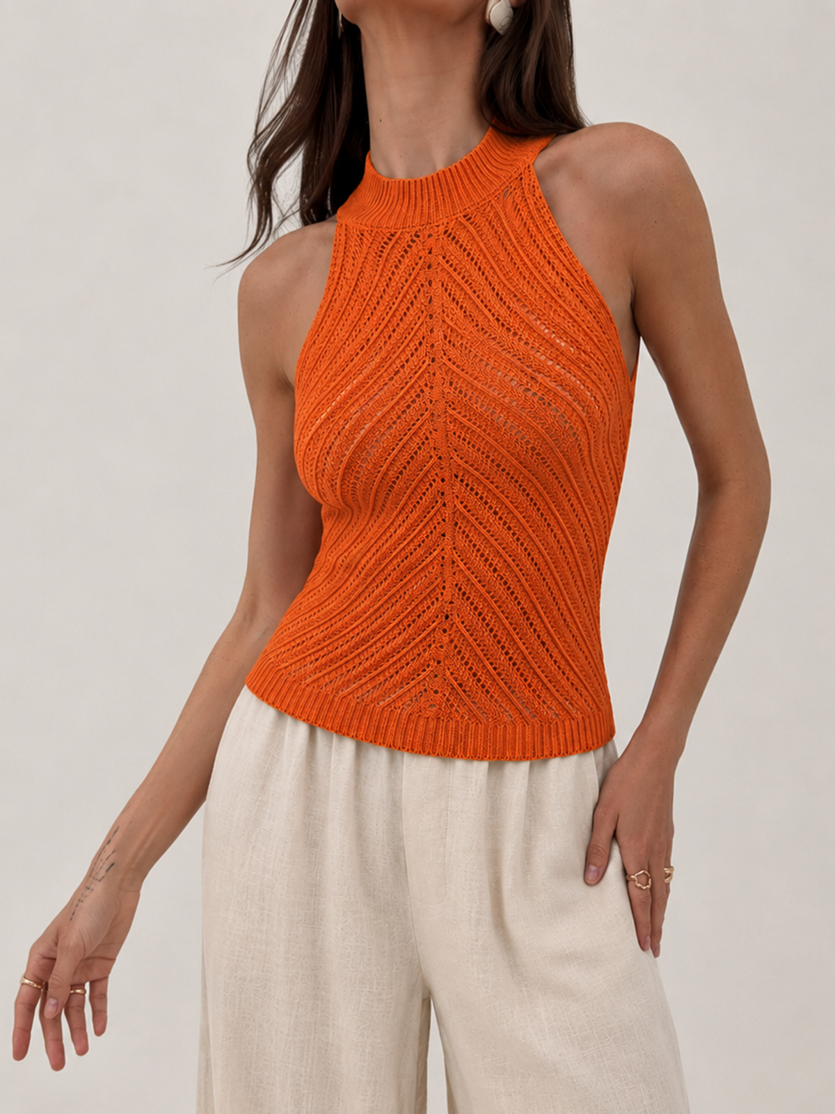 Openwork Knit Halter Neck Top