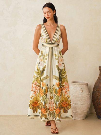 Tropical Floral Print Deep V-Neck Maxi Dress